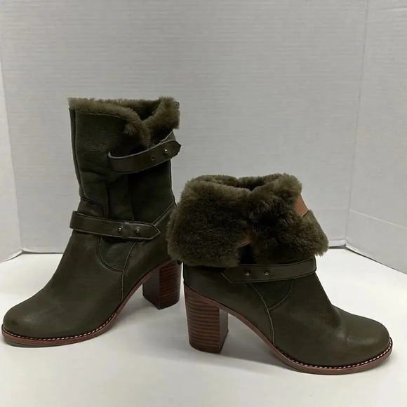 Jeffrey Campbell Heeled Boots Sherpa Lined Roll Down Winter Army Green Size 8 - Picture 1 of 11